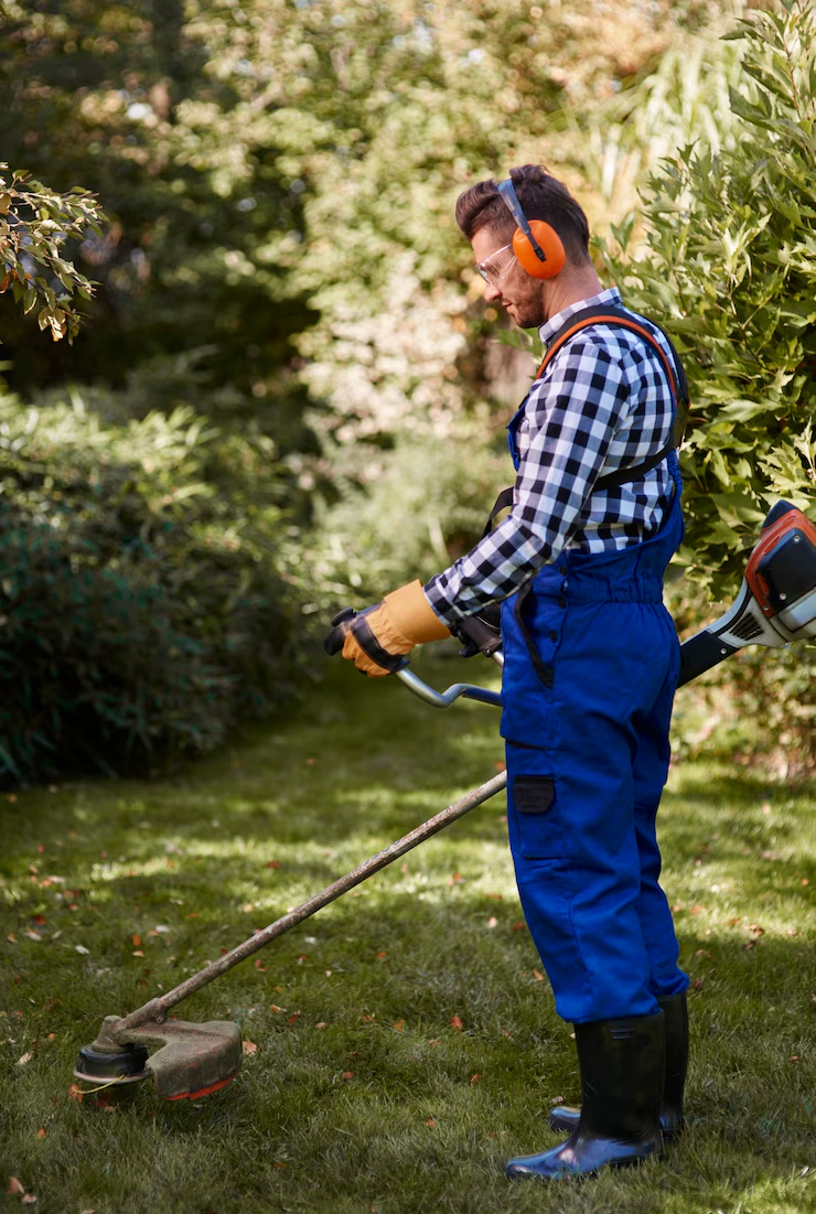 Busy man using a weedwacker at garden